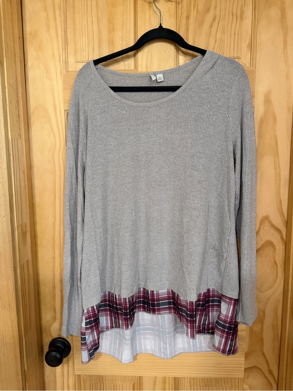 Crew Neck Layered Hem Sweater with Plaid Trim